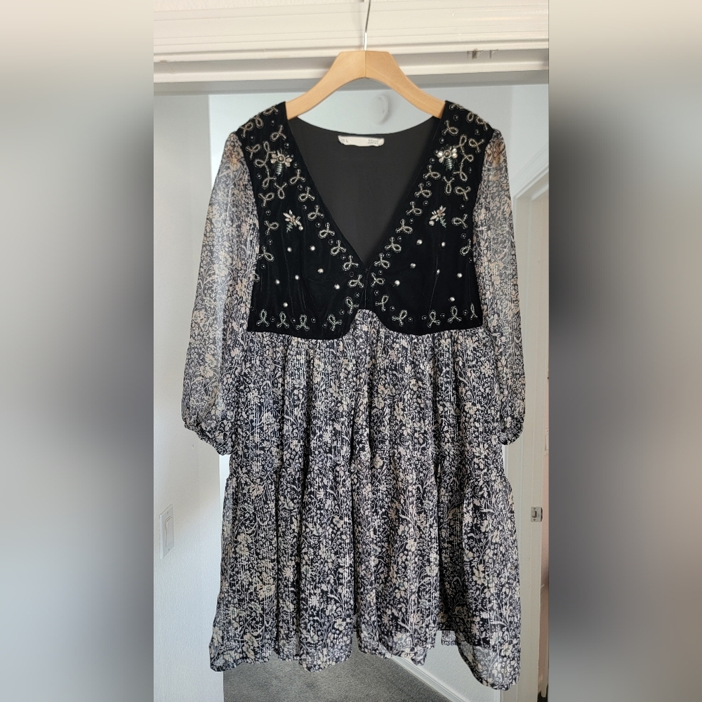 SFERA Black Velvet W/ Colored Sheer Flower Pattern Sleeves and Skirt